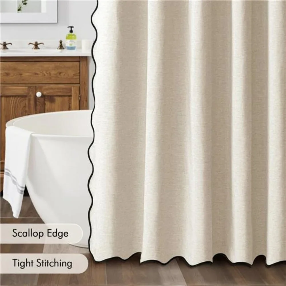 Beige Scalloped Shower Curtain Linen Textured with 12 Metal Hooks Cute